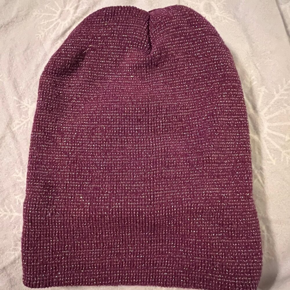Purple‎ Metallic Knit Beanie Hat Shimmer Winter Warm Stretch One Size Unisex